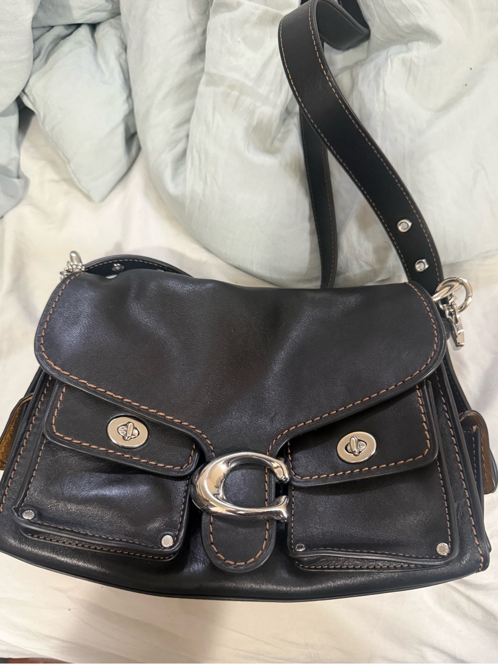 Coach Black Leather Crossbody with Silver Buckle